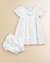 Make your little one look like a doll in this soft two-piece set with pretty scattered flowers. CrewneckShort sleevesScallop trim in contrasting toneEmpire waistBack snap closureBloomers with elastic waist and leg openingsPima cottonMachine washImported