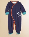 A plush cotton footie is adorned with contrasting trim, colorful snaps and an airplane design for precious baby style.V-neckLong sleevesSnap-frontBottom snapsCottonMachine washImported Please note: Number of buttons/snaps may vary depending on size ordered. 