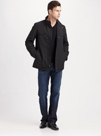 A thoughtful blend of fashion and multi-function, with 8 pockets - 4 inside, 4 outside - to organize all your gear.Stand collar Snap flap over zip front Raglan shoulders Fully lined About 30 from shoulder to hem 60% cotton/40% nylon; dry clean Imported A thoughtful blend of fashion and multi-function, with 8 pockets - 4 inside, 4 outside - to organize all your gear.Stand collar Snap flap over zip front Raglan shoulders Fully lined About 30 from shoulder to hem 60% cotton/40% nylon; dry clean Imported