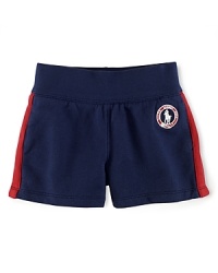 A preppy short rendered from soft cotton jersey is accented with side-seam stripes and a signature Ralph Lauren pony emblem, celebrating Team USA's participation in the 2012 Olympics. A preppy short rendered from soft cotton jersey is accented with side-seam stripes and a signature Ralph Lauren pony emblem, celebrating Team USA's participation in the 2012 Olympics.