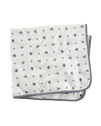 An adorable, versatile receiving blanket in ultra-soft double-faced cotton jersey is printed with a signature bear print on one side and reverses to a solid. An adorable, versatile receiving blanket in ultra-soft double-faced cotton jersey is printed with a signature bear print on one side and reverses to a solid.