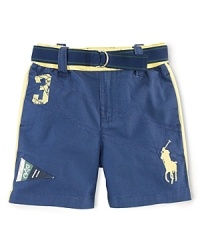 Summer ready, this cotton twill short features applied stripes, a screen-printed 3 and an embroidered Big Pony. The elastic waist sports belt loops. Summer ready, this cotton twill short features applied stripes, a screen-printed 3 and an embroidered Big Pony. The elastic waist sports belt loops.