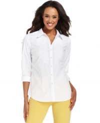 The classic white shirt gets revamped with delicate embroidery in this Charter Club style. Pair it with colored jeans for modern look on casual days! The classic white shirt gets revamped with delicate embroidery in this Charter Club style. Pair it with colored jeans for modern look on casual days!