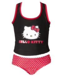 Keep her cute, comfortable and covered up with this stylish tankini from Hello Kitty. Keep her cute, comfortable and covered up with this stylish tankini from Hello Kitty.