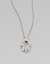 From the Tiny Treasures Collection. Sparkling diamond pavé with a single sapphire accent in an iconic Hamsa design.Diamond, 0.14 tcw Blue sapphire 18k white gold Adjustable length, about 16 - 18 Pendant length, about ½ Lobster clasp closure Made in Italy