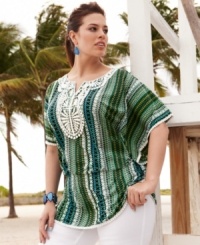 Revitalize your neutral bottoms with Style&co.'s butterfly sleeve plus size top, finished by a vivid print and crochet detail. Revitalize your neutral bottoms with Style&co.'s butterfly sleeve plus size top, finished by a vivid print and crochet detail.