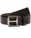 Here's a heavy-duty leather belt with a buckle that broadcasts your tech savvy with a capital T, from Tumi's T-Tech line.