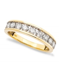 This anniversary band sparkles with simple grandeur--a round-cut diamond ring (1 ct. t.w.) set in gleaming 14k gold. This anniversary band sparkles with simple grandeur--a round-cut diamond ring (1 ct. t.w.) set in gleaming 14k gold.