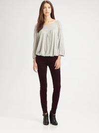 Unbelievably lush corduroy skinnies with a contour waistband, comfy rise and slim- fitting silhouette that hits just below the ankles. THE FITRise, about 8Inseam, about 30THE DETAILSZip flyFive-pocket style76% cotton/22% lyocell/2% spandexMachine washMade in USA of imported fabricModel shown is 5'9 (175cm) wearing US size 0. Unbelievably lush corduroy skinnies with a contour waistband, comfy rise and slim- fitting silhouette that hits just below the ankles. THE FITRise, about 8Inseam, about 30THE DETAILSZip flyFive-pocket style76% cotton/22% lyocell/2% spandexMachine washMade in USA of imported fabricModel shown is 5'9 (175cm) wearing US size 0.