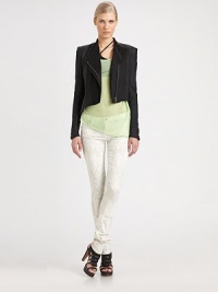 Cropped and fitted leather with soft jersey insets and a clean asymmetric hem.Defined shouldersAsymmetric zipper frontLong sleevesAbout 18 from shoulder to hemBody: leather; insets: 60% linen/40% cottonDry cleanImportedModel shown is 5'10 (177cm) wearing US size Small.OUR FIT MODEL RECOMMENDS ordering true size. Cropped and fitted leather with soft jersey insets and a clean asymmetric hem.Defined shouldersAsymmetric zipper frontLong sleevesAbout 18 from shoulder to hemBody: leather; insets: 60% linen/40% cottonDry cleanImportedModel shown is 5'10 (177cm) wearing US size Small.OUR FIT MODEL RECOMMENDS ordering true size.