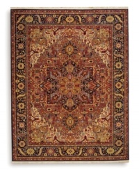 Inspired by a classic Heriz pattern, the Windsor rug from the English Manor Collection captures the attention with a versatile color palette of red, indigo, ivory, yellow, caramel, terra cotta, blue and green. Specially dyed to create a graduated, vintage look. Woven in luxuriously soft New Zealand wool and finished with Karastan's patented Luster-Wash™ process for an antique-like finish. Inspired by a classic Heriz pattern, the Windsor rug from the English Manor Collection captures the attention with a versatile color palette of red, indigo, ivory, yellow, caramel, terra cotta, blue and green. Specially dyed to create a graduated, vintage look. Woven in luxuriously soft New Zealand wool and finished with Karastan's patented Luster-Wash™ process for an antique-like finish.