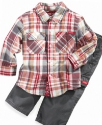 Keep him looking stylish and trendy in this 2 piece set by Guess? includes cargo pant and plaid shirt. Keep him looking stylish and trendy in this 2 piece set by Guess? includes cargo pant and plaid shirt.
