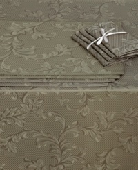 Wow a crowd with all-in-one Caroline Scroll table linens sets. An elegant vine and trellis motif graces a formal tablecloth and coordinating accessories for groups of eight. Wow a crowd with all-in-one Caroline Scroll table linens sets. An elegant vine and trellis motif graces a formal tablecloth and coordinating accessories for groups of eight.