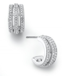 Hoops take on a third dimension in this pair from Eliot Danori. Crafted from rhodium-plated brass with crystal accents, this pair truly dazzles. Approximate drop: 1/2 inch. Hoops take on a third dimension in this pair from Eliot Danori. Crafted from rhodium-plated brass with crystal accents, this pair truly dazzles. Approximate drop: 1/2 inch.