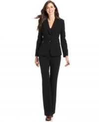 Tahari by ASL's sleek suit features D-ring buckles atop flap pockets for a subtle flourish. Tahari by ASL's sleek suit features D-ring buckles atop flap pockets for a subtle flourish.