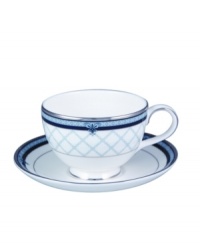 Set the table with English country charm with the Countess Collection form Royal Doulton. A charming lattice design is accented by cobalt and silver bands as well as delicate paisley flowers. Suacer shown front. Set the table with English country charm with the Countess Collection form Royal Doulton. A charming lattice design is accented by cobalt and silver bands as well as delicate paisley flowers. Suacer shown front.