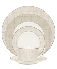 Dressed in a fine diamond grid of bronze and warm taupe, these mugs are from Noritake dinnerware. The dishes are tailored for formal dining and everyday elegance in bone china. Not shown. Dressed in a fine diamond grid of bronze and warm taupe, these mugs are from Noritake dinnerware. The dishes are tailored for formal dining and everyday elegance in bone china. Not shown.