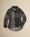 A fun, flashy style from Flowers by Zoe, this light chiffon shirt gets wild with allover leopard print.