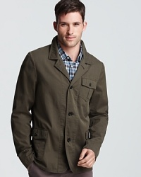 A handsome, distinguished jacket from Billy Reid, featuring a military-inspired design and a slightly longer silhouette, brings an understated strength to your casual cool look. A handsome, distinguished jacket from Billy Reid, featuring a military-inspired design and a slightly longer silhouette, brings an understated strength to your casual cool look.