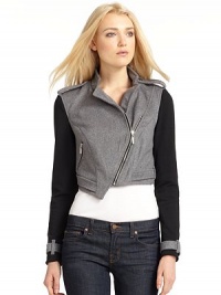 THE LOOKNotch collarSnap epaulettes on shouldersAsymmetric front zip closureContrast long sleeves with wool belted cuff detailsSingle side zip pocketSnap belted tabs at hemTHE FITAbout 17 from shoulder to hemTHE MATERIAL47% wool/46% polyester/2% cottonFully linedCARE & ORIGINDry cleanImportedModel shown is 5'9½ (176cm) wearing US size Small. THE LOOKNotch collarSnap epaulettes on shouldersAsymmetric front zip closureContrast long sleeves with wool belted cuff detailsSingle side zip pocketSnap belted tabs at hemTHE FITAbout 17 from shoulder to hemTHE MATERIAL47% wool/46% polyester/2% cottonFully linedCARE & ORIGINDry cleanImportedModel shown is 5'9½ (176cm) wearing US size Small.