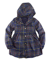 A pretty mockneck raincoat is smartly designed with an attached hood for extra protection from the elements. A pretty mockneck raincoat is smartly designed with an attached hood for extra protection from the elements.