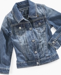 Adorable all-American. She can sport a classic style with this denim jacket from Guess, a look that's both sturdy and sweet. Adorable all-American. She can sport a classic style with this denim jacket from Guess, a look that's both sturdy and sweet.