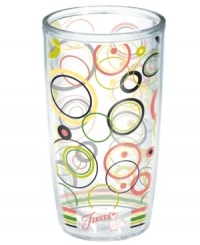 Iconic style meets brilliant design in the Fiesta Tropical Ripple tumbler by Tervis Tumblers. Splashy colors ring around a practically indestructible cup that'll keep hot drinks hot and cold drinks cold. With Fiesta logo and dancer.
