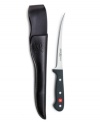 Get some game! Perfect for the outdoors, this durable knife serves up expertly sliced fish, meat and game and stores neatly in the rustic leather sheath.  The extra-thin forged stainless steel blade maneuvers around bones and cartilage for a masterful cut above the rest. Lifetime warranty.