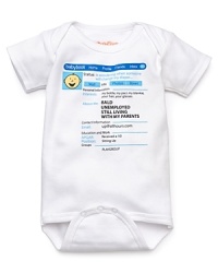 A short sleeve romper with boy facebook screen print on front, a clever outfit by Sara Kety. A short sleeve romper with boy facebook screen print on front, a clever outfit by Sara Kety.