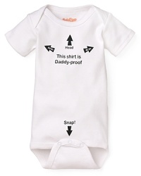 A short sleeve romper with This Shirt Is Daddy-Proof and instructions printed on front. A short sleeve romper with This Shirt Is Daddy-Proof and instructions printed on front.