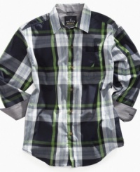Give him a look that highlights his crisp style with this sharp plaid shirt from Nautica. Give him a look that highlights his crisp style with this sharp plaid shirt from Nautica.