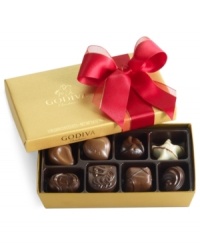 Donned with a soft red bow, this classic collection of Godiva chocolates makes a perfectly sweet and irresistible gift this season in its shimmering gold box. Donned with a soft red bow, this classic collection of Godiva chocolates makes a perfectly sweet and irresistible gift this season in its shimmering gold box.