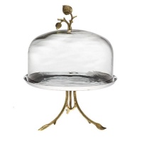 Godinger Leaf Design Pewter/Gold Footed Cake Plate with Glass Dome Godinger Leaf Design Pewter/Gold Footed Cake Plate with Glass Dome
