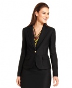 Calvin Klein's tweed blazer looks streamlined and polished with a single, shiny gold button closure. Take the classic look contemporary with a brightly printed shirt.