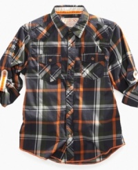 The crisp earth-tone on this plaid shirt from Guess makes it perfect for the season. The crisp earth-tone on this plaid shirt from Guess makes it perfect for the season.