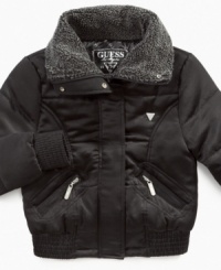 She'll be toasty while looking totally cute in this Guess bomber jacket. She'll be toasty while looking totally cute in this Guess bomber jacket.