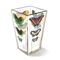 Fringe Shannon vase with multi butterfly motif. Trapezoid vase is 6.25 high. Fringe Shannon vase with multi butterfly motif. Trapezoid vase is 6.25 high.