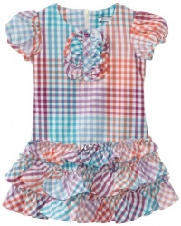 Hartstrings Girls 2-6x Toddler Girl Multi Color Check Ruffled Dress, Orange Multi, 2T