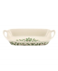 Pretty for serving hot cinnamon rolls, gingerbread and other holiday baked goods, this porcelain bread basket from Lenox's collection of serveware and serving dishes has rope trim and a holly motif to match the beloved Holiday dinnerware line. Pretty for serving hot cinnamon rolls, gingerbread and other holiday baked goods, this porcelain bread basket from Lenox's collection of serveware and serving dishes has rope trim and a holly motif to match the beloved Holiday dinnerware line.