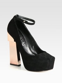An architectural metallic heel defines this ultra-high suede silhouette with a fine ankle strap. Metallic lacquered heel, 5½ (140mm)Hidden platform, 1½ (40mm)Compares to a 4 heel (100mm)Suede upperAnkle strap with metal-tab closureLeather lining and solePadded insoleMade in Italy An architectural metallic heel defines this ultra-high suede silhouette with a fine ankle strap. Metallic lacquered heel, 5½ (140mm)Hidden platform, 1½ (40mm)Compares to a 4 heel (100mm)Suede upperAnkle strap with metal-tab closureLeather lining and solePadded insoleMade in Italy