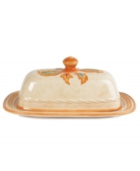 A fresh twist on a familiar pattern, the Carissa Paisley butter dish by Fitz and Floyd mixes colorful paisleys on the lid with sculpted rope and a rustic tan finish. A fresh twist on a familiar pattern, the Carissa Paisley butter dish by Fitz and Floyd mixes colorful paisleys on the lid with sculpted rope and a rustic tan finish.