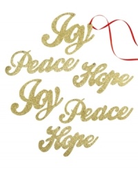 Season's greetings! Expressing three sentiments of the season these lovely ornaments are adorned in gold glitter for a luxe presentation. Season's greetings! Expressing three sentiments of the season these lovely ornaments are adorned in gold glitter for a luxe presentation.