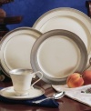 An intricate, raised platinum pattern gleams against the matte platinum banding of this place settings collection and creates a refined setting for any meal.