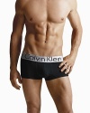 Calvin Klein Steel Micro Basic Low Rise Trunks. These modern fit and updated silhouette lower rise trunks are in a sophisticated premium, ultra luxe microfiber fabrication. Microfiber logo waistband with metallic luster. Large logo. Tagless.