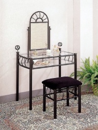 Coaster Vanity Set includes, Vanity Table, Mirror and Bench, Sunburst Design, Black Finish Metal