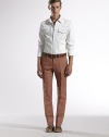 Terracotta cotton linen gabardine skinny pant.Slash pockets7 leg opening60% cotton/40% linenDry cleanMade in Italy