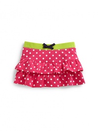 THE LOOKAllover dot printBright elastic waistband with contrast center bowTiered ruffle bodyAttached bloomers with elastic leg openingsTHE MATERIAL95% cotton/5% spandexCARE & ORIGINMachine washImported THE LOOKAllover dot printBright elastic waistband with contrast center bowTiered ruffle bodyAttached bloomers with elastic leg openingsTHE MATERIAL95% cotton/5% spandexCARE & ORIGINMachine washImported