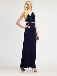 A prettily draped neckline and alluring side cutouts lend drama to this floor-length silhouette.Cowl necklineSleevelessMetallic trimCutout side detailsRacerbackConcealed back zipFully linedAbout 45 from natural waistPolyesterDry cleanImportedModel shown is 5'9 (175cm) wearing US size 4. A prettily draped neckline and alluring side cutouts lend drama to this floor-length silhouette.Cowl necklineSleevelessMetallic trimCutout side detailsRacerbackConcealed back zipFully linedAbout 45 from natural waistPolyesterDry cleanImportedModel shown is 5'9 (175cm) wearing US size 4.