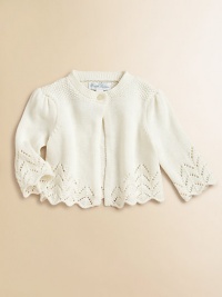 A comfortable knit shrug is crafted in a delicate pointelle cotton, making it perfect for both casual and festive occasions.CrewneckLong sleevesSingle-button closureScalloped pointelle-knit hemCottonHand washImported Please note: number of buttons may vary depending on size ordered. A comfortable knit shrug is crafted in a delicate pointelle cotton, making it perfect for both casual and festive occasions.CrewneckLong sleevesSingle-button closureScalloped pointelle-knit hemCottonHand washImported Please note: number of buttons may vary depending on size ordered.