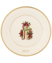 Unwrap a very special addition to the Lenox Holiday collection – the 2012 annual accent plate! Wide bands of gold on fine bone china and a beautiful stack of gifts lend new cheer to the classic dinnerware pattern. Unwrap a very special addition to the Lenox Holiday collection – the 2012 annual accent plate! Wide bands of gold on fine bone china and a beautiful stack of gifts lend new cheer to the classic dinnerware pattern.